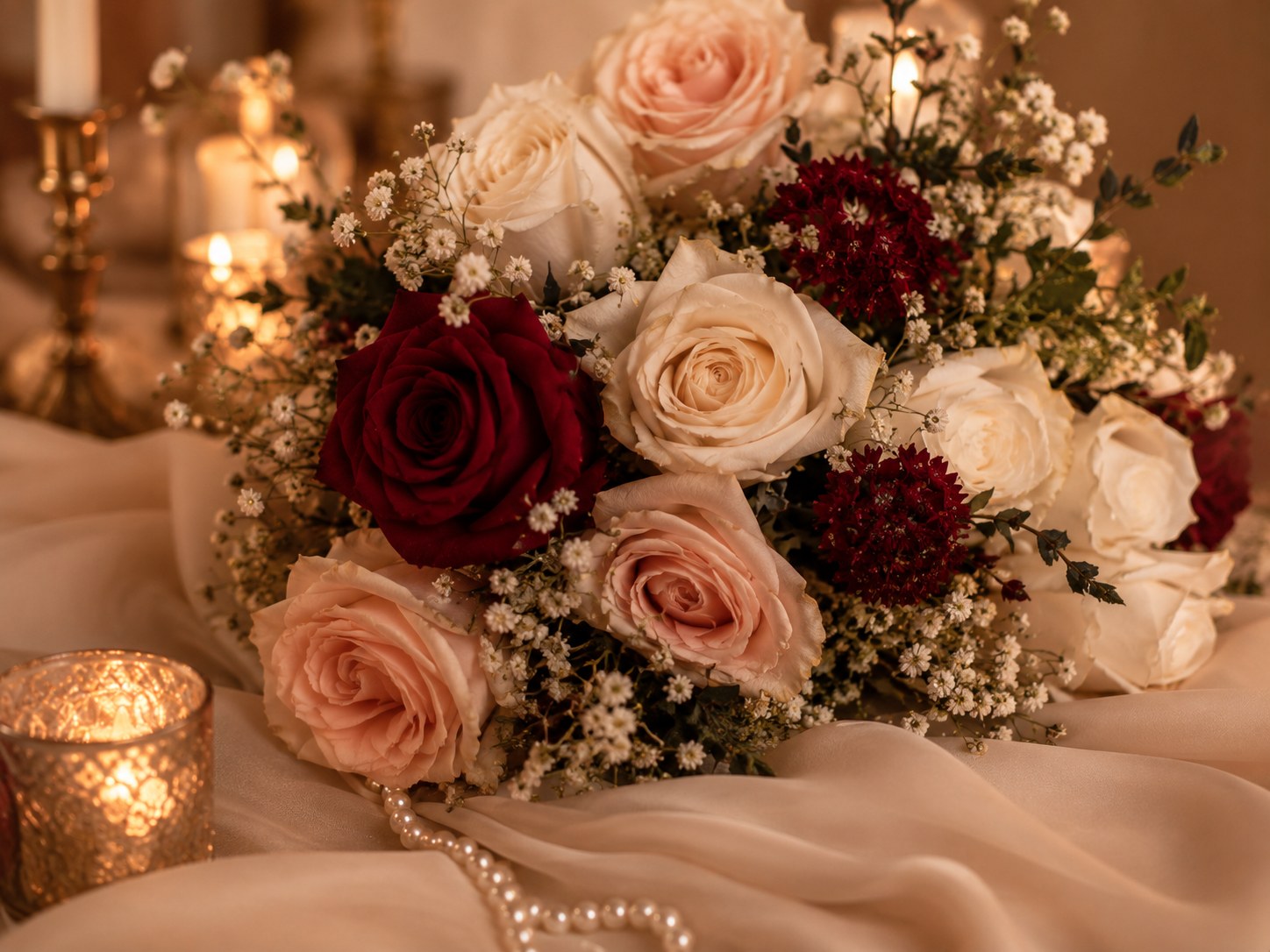 Dark red floral candlelit detail