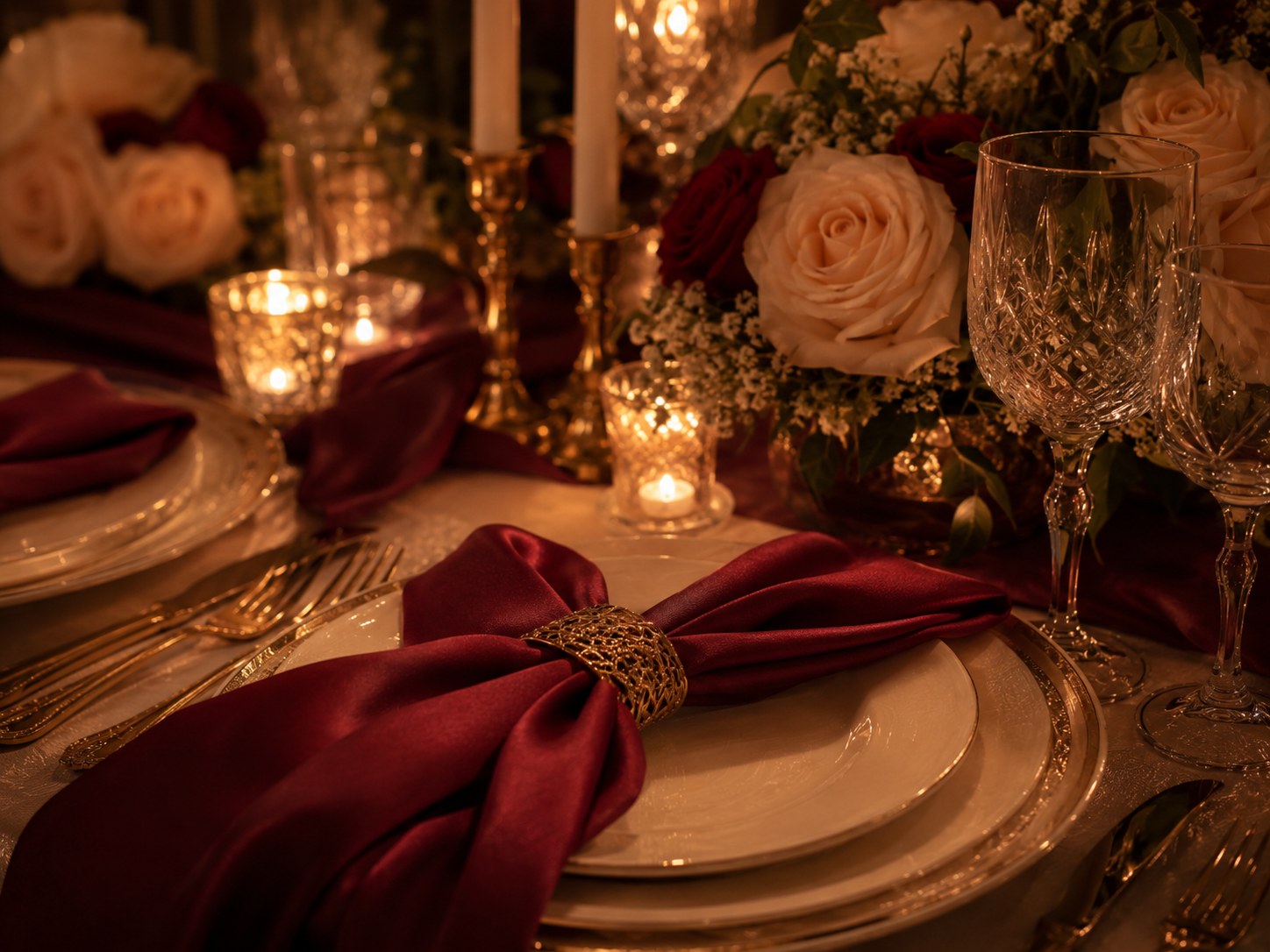 Candlelit red and gold dinner table