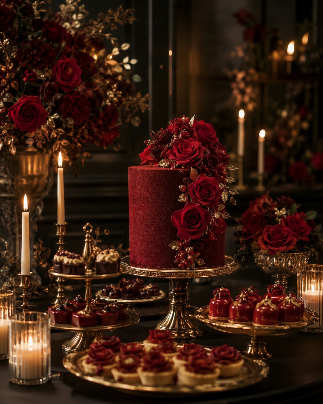 Luxurious red velvet wedding dessert display