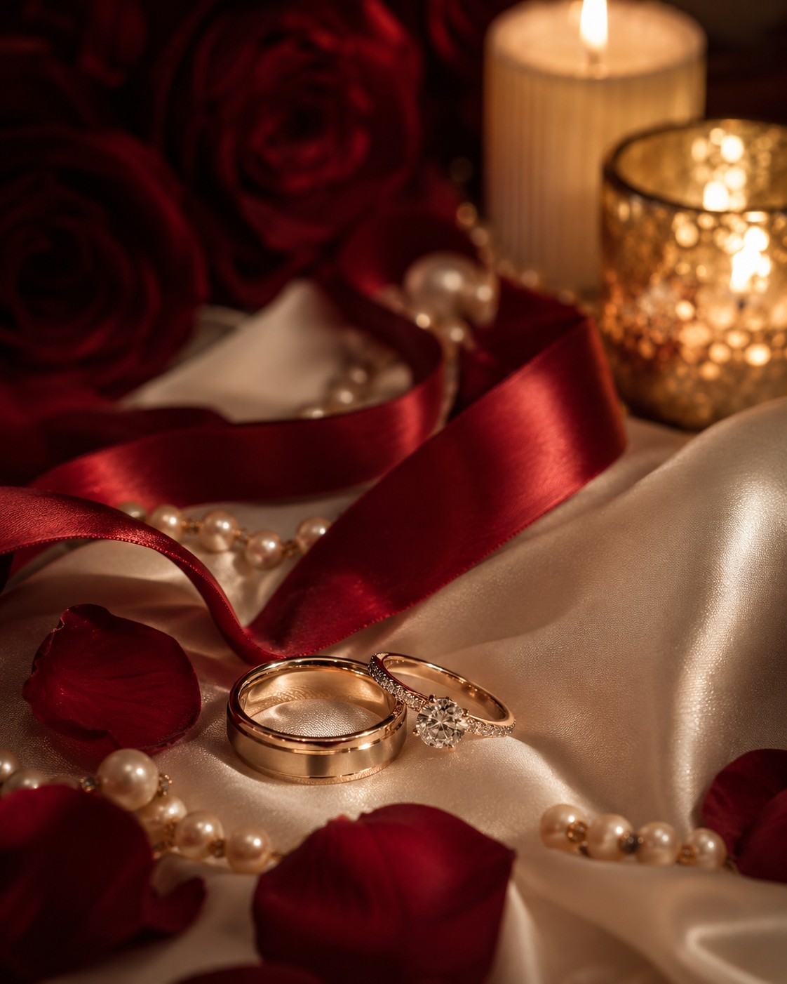 Wedding rings with roses and candlelight