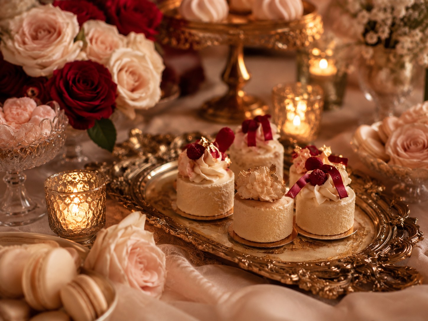 Elegant dessert table with roses