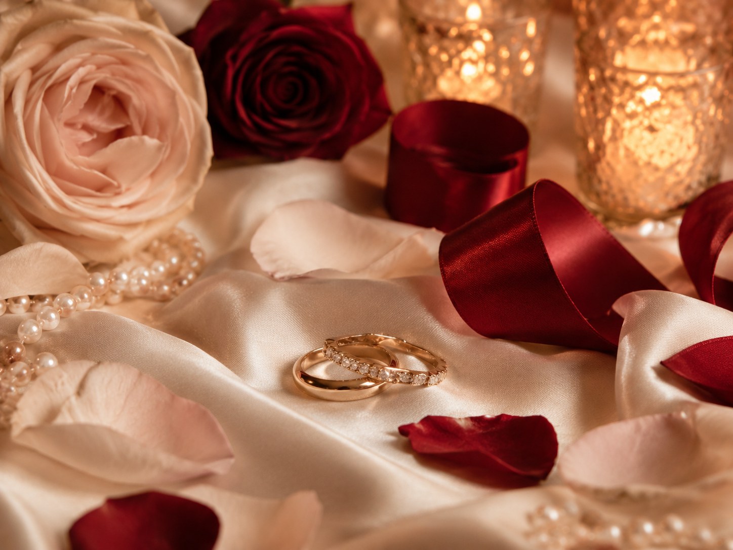 Romantic wedding rings on satin